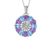 Purple Amethyst and Blue Topaz Flower Pendant Necklace with White Topaz in Sterling Silver with Chain